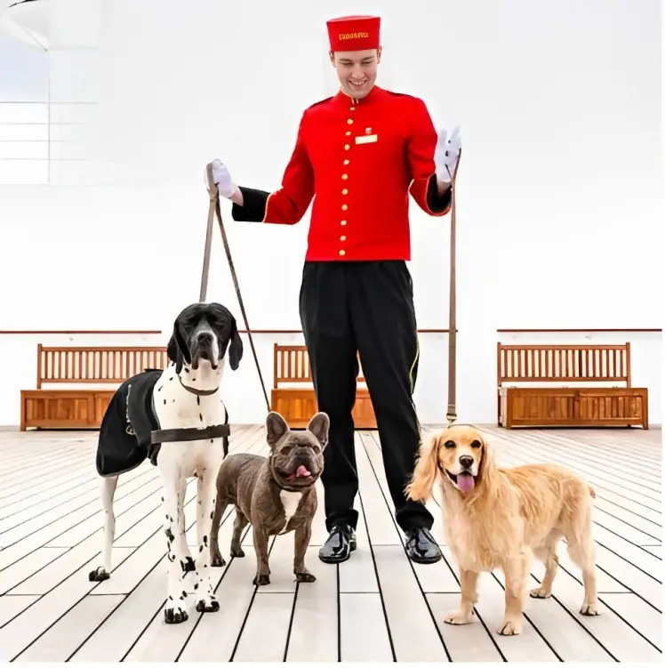 A Queen Mary 2 Kennel crew of the vessel handling dogs.