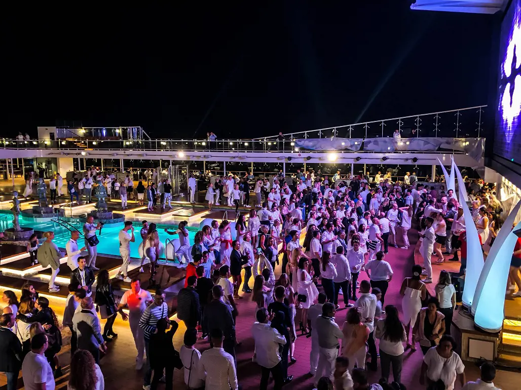 Flower Glory Party and White Party are special themed parties in MSC Cruises.