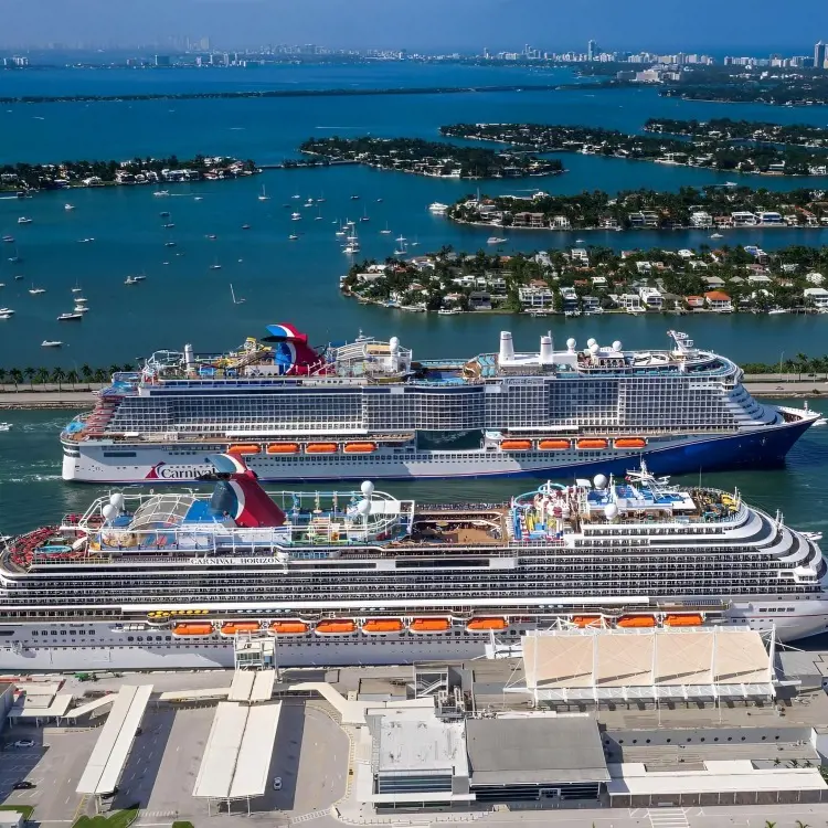 Carnival Horizon and Mardi Gras docked at Port of Miami on July 5, 2021