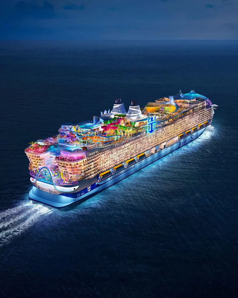 Royal Caribbean ship looks epic in night with lightings.