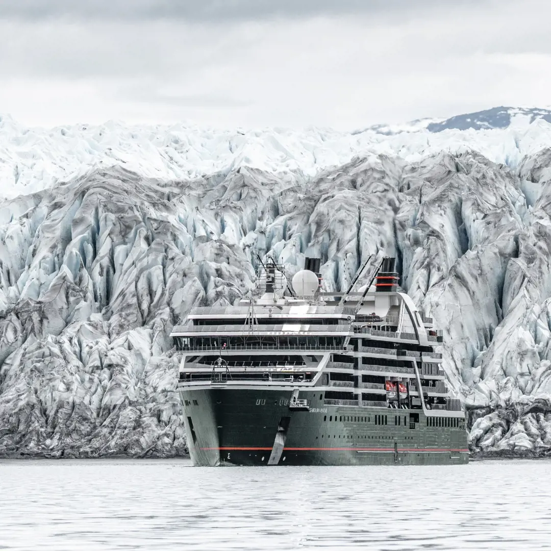 Th Seabourn Venture sailing through icy alley in Antarctica in November 2022