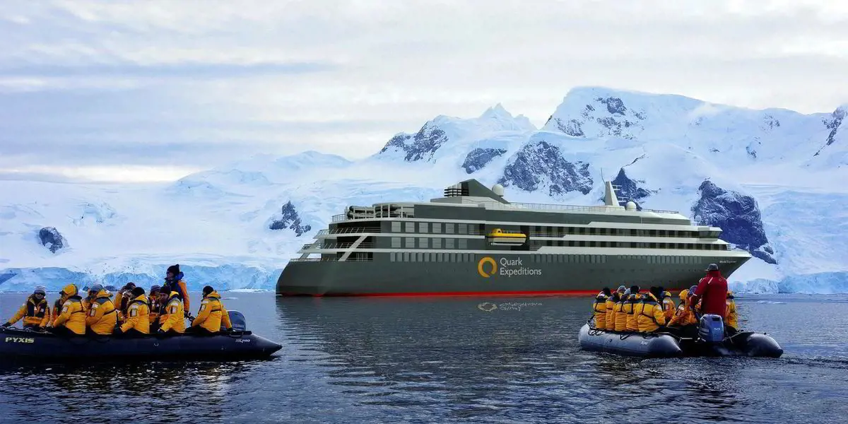 World Explorer of Quark Expeditions docked for a zodiac outings